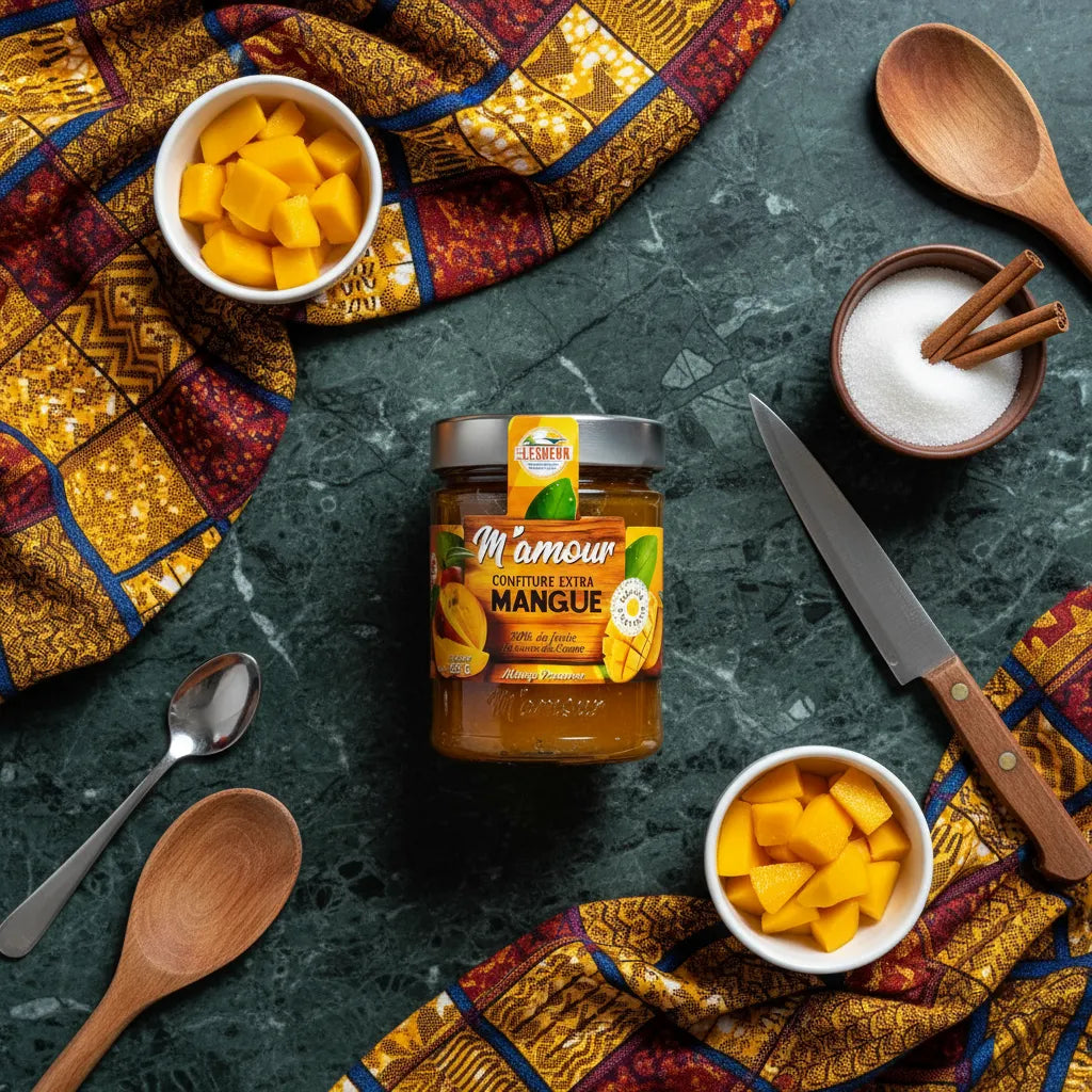 Confiture de mangue M'AMOUR entourée d'ingrédients frais sur fond vert, parfaite pour recettes sucrées et ambiance exotique en cuisine.